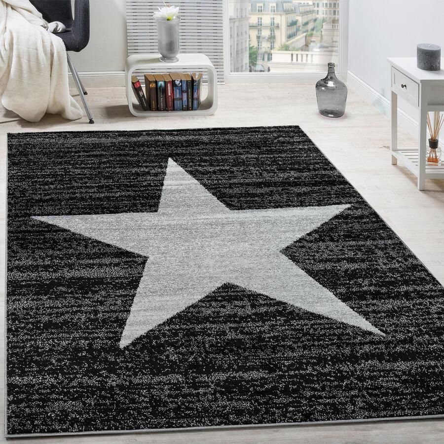 Flycarpets Fiest Ster Vloerkleed Zwart Grijs 80x150 cm Laagpolig Tapijt