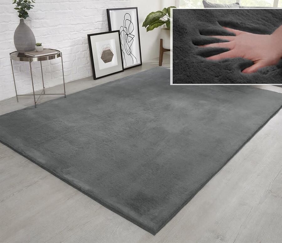 Flycarpets Fluffy Hoogpolig Super Zacht Effen Vloerkleed Grijs 200x290 cm