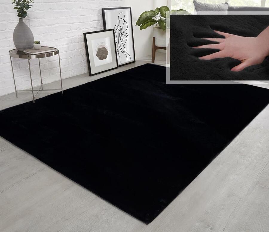 Flycarpets Fluffy Hoogpolig Super Zacht Effen Vloerkleed Zwart 120x170 cm