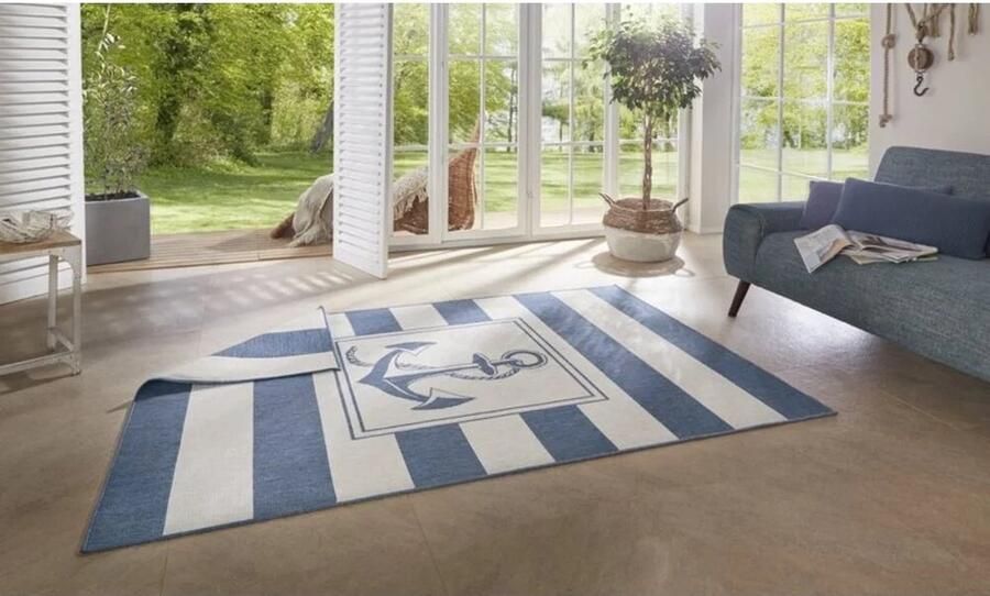 Flycarpets Gandara Omkeerbaar Buitenkleed Blauw Creme Anker Vloerkleed Buiten Laagpolig Tuinkleed Tuintapijt Buitentapijt 120x170 cm