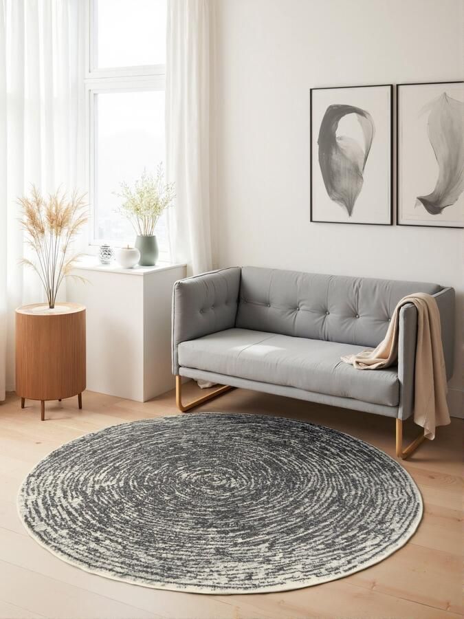 Flycarpets Gloria Rond Laagpolig Vloerkleed Grijs Crème Ø 160 cm rond