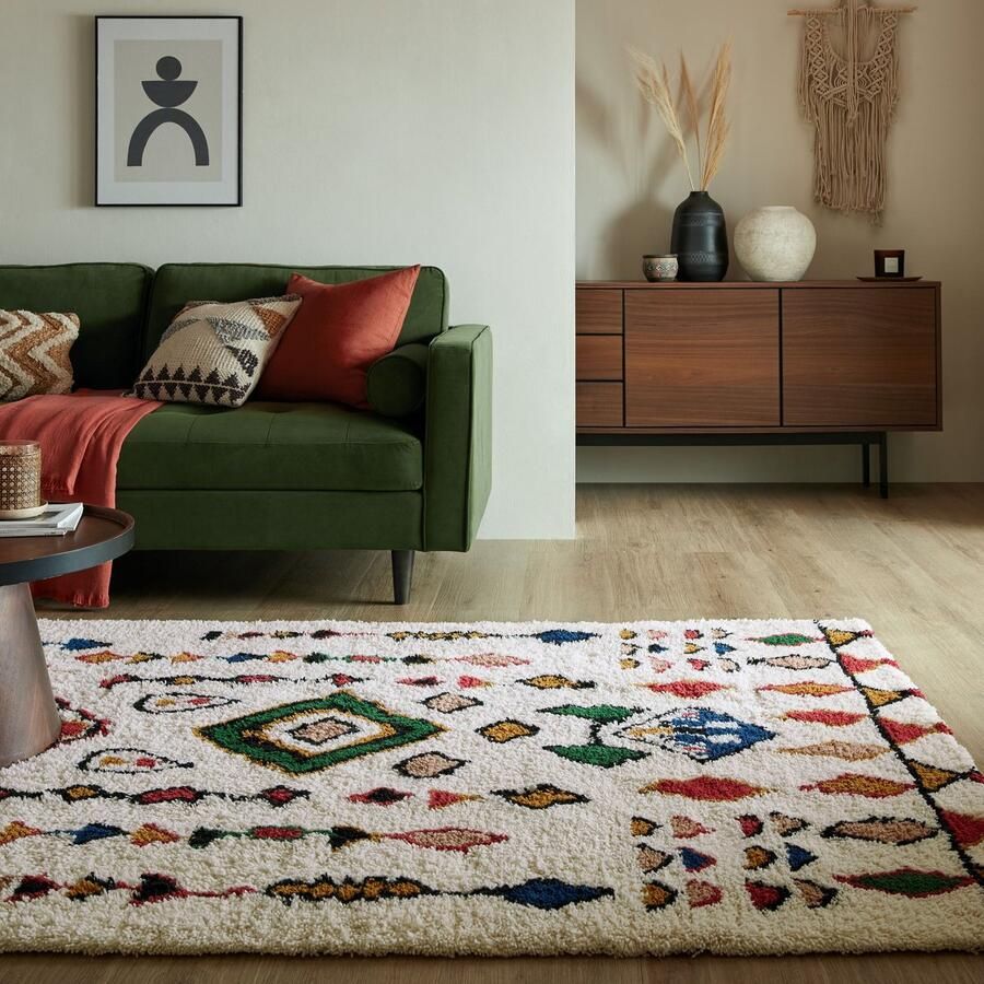 Flycarpets Hoogpolig vloerkleed Berber Design Fes 100% Wol Shaggy Multi 120 x 170 cm