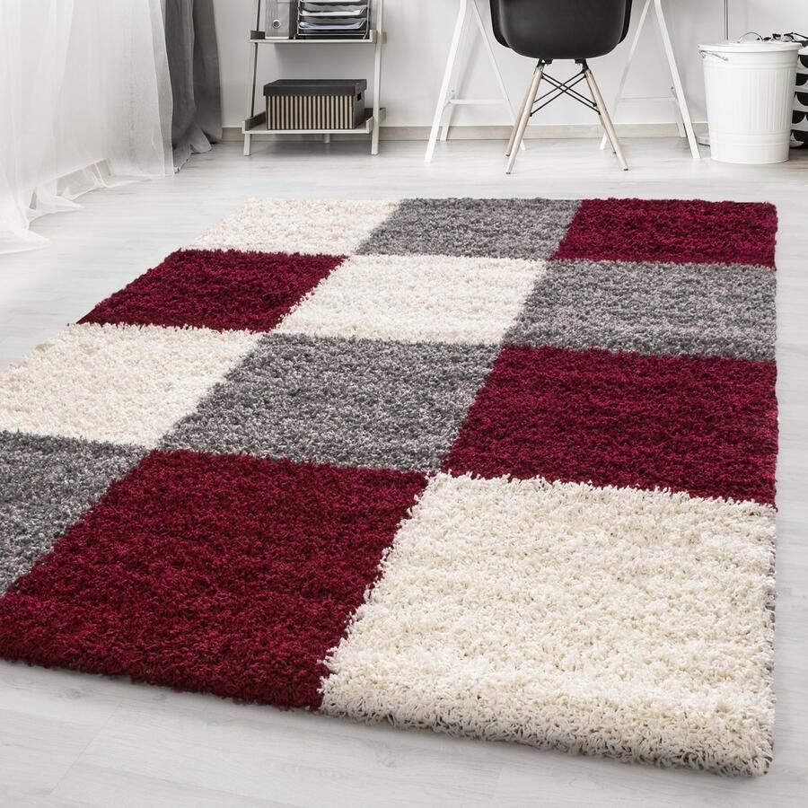 Flycarpets Hoogpolig vloerkleed met ruitpatroon rood geschikt voor de woonkamer met jute achterkant afmetingen: 120 cm x 170 cm - Foto 2