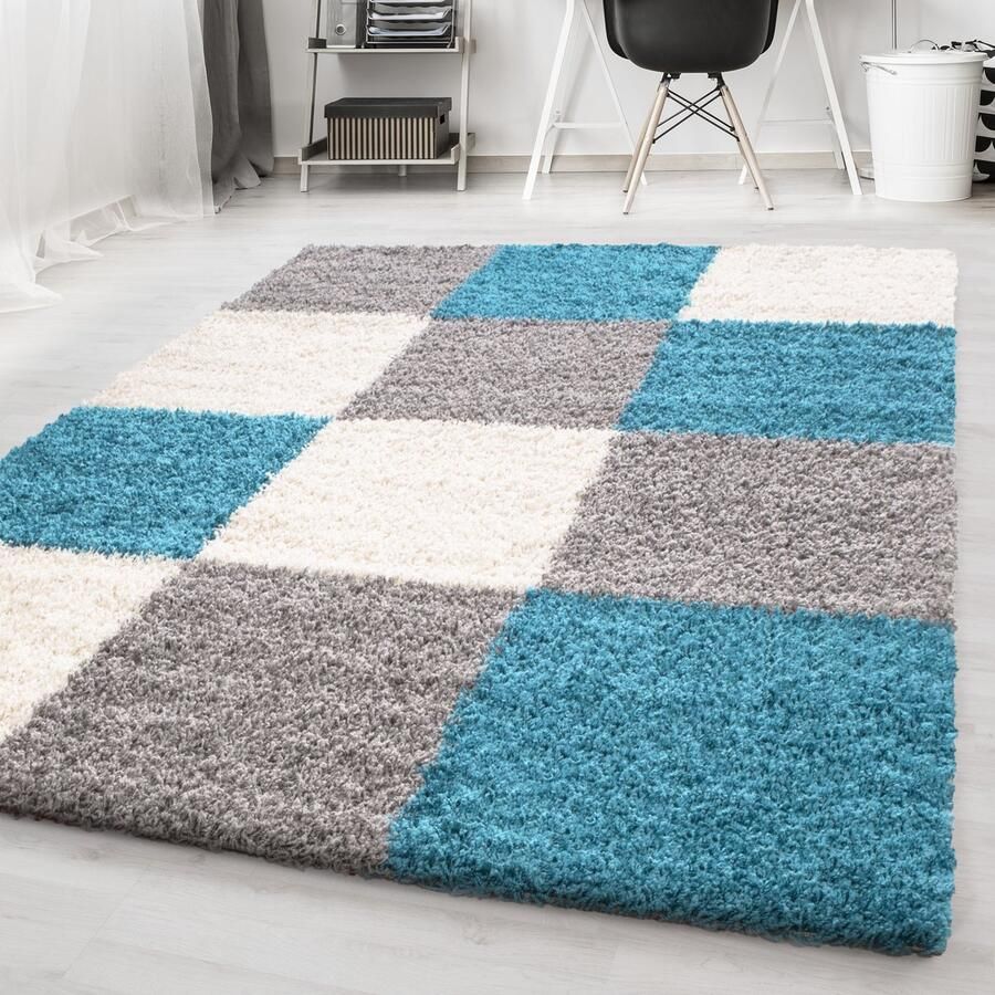Flycarpets Hoogpolig vloerkleed met ruitpatroon turquoise kleur geschikt voor de woonkamer met jute achterkant afmetingen: 200 cm x 290 cm - Foto 4