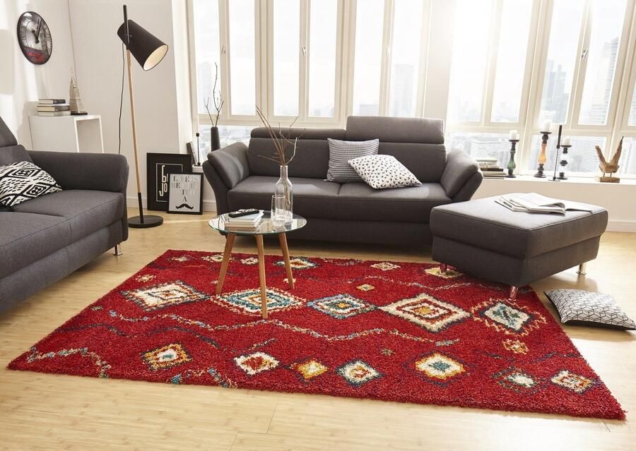 Flycarpets Hoogpolig Vloerkleed Nomadic Bohemian Rood Woonkamer Tapijt 200x290 cm