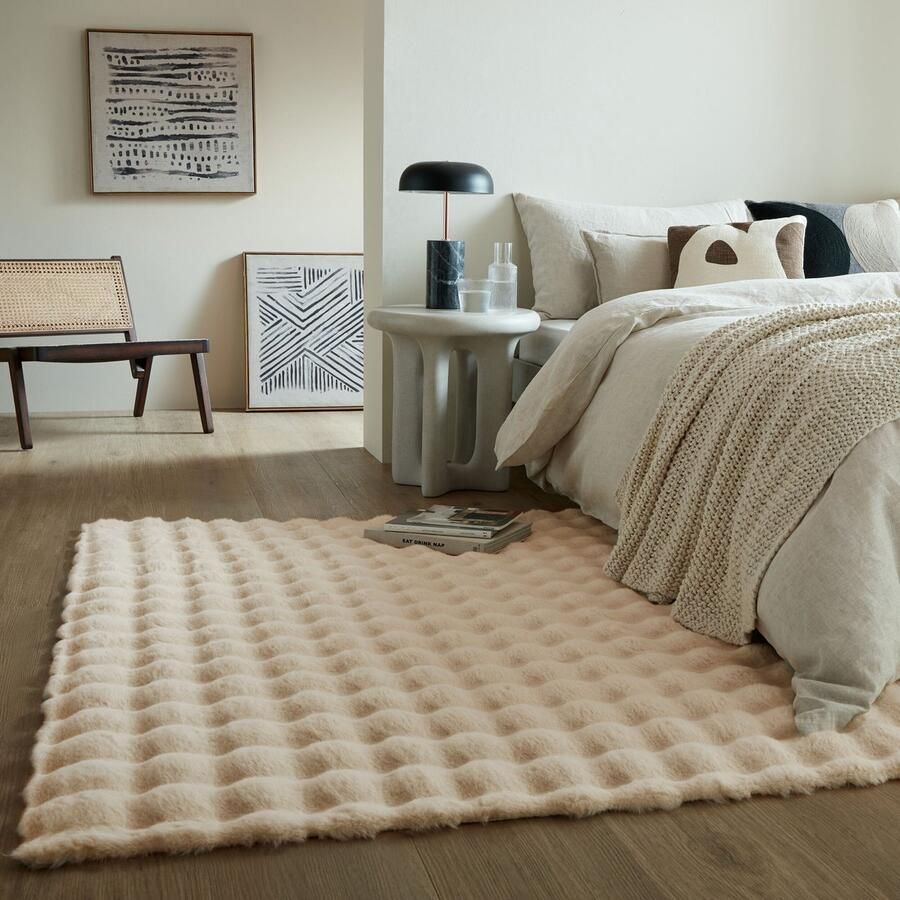 Flycarpets Hoogpolig Vloerkleed Waffle Ivoor Creme 80 x 150 cm