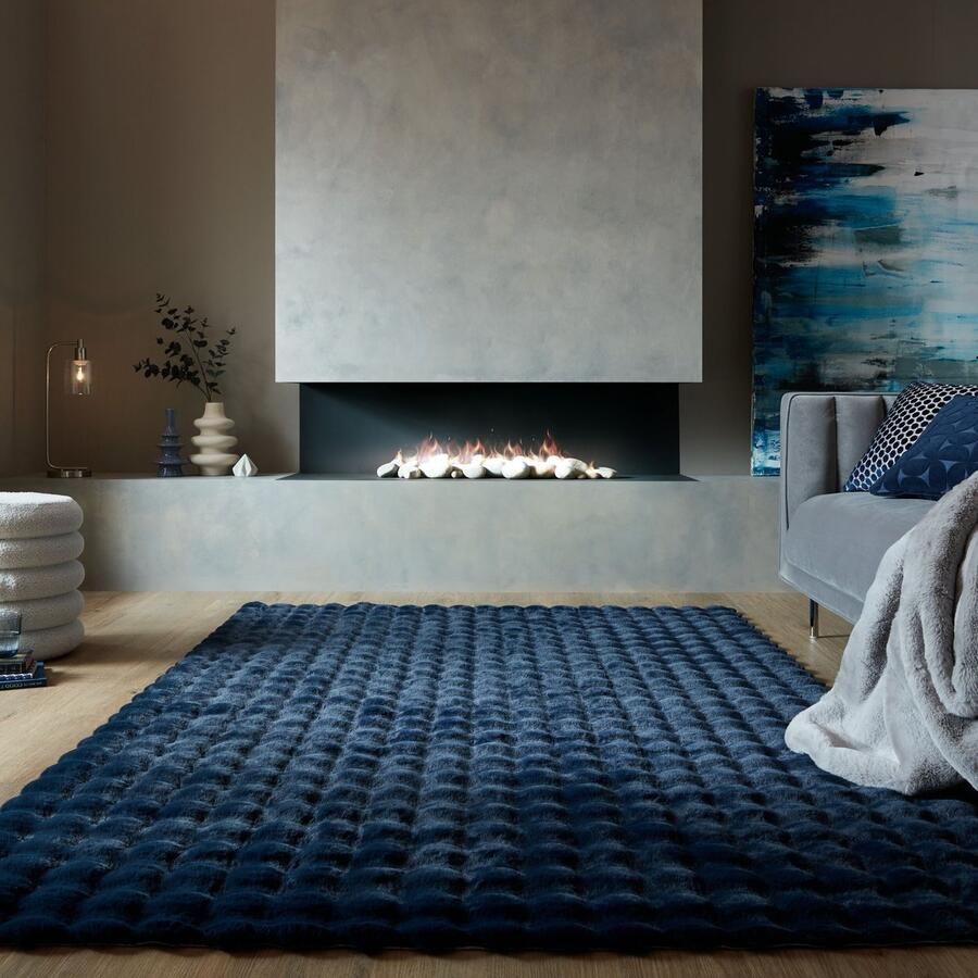 Flycarpets Hoogpolig Vloerkleed Waffle Navy Blauw 120 x 170 cm