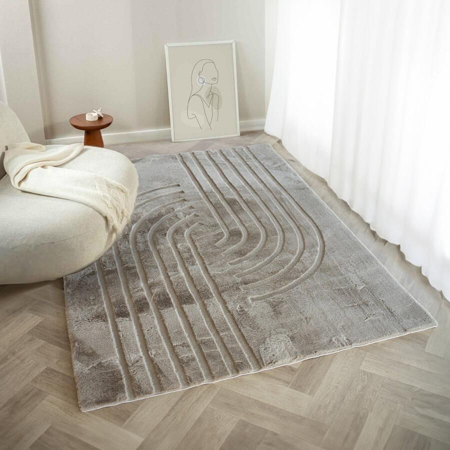 Flycarpets Japandi hoogpolig vloerkleed Bohemian Arches Taupe Woonkamer tapijt 80x150 cm