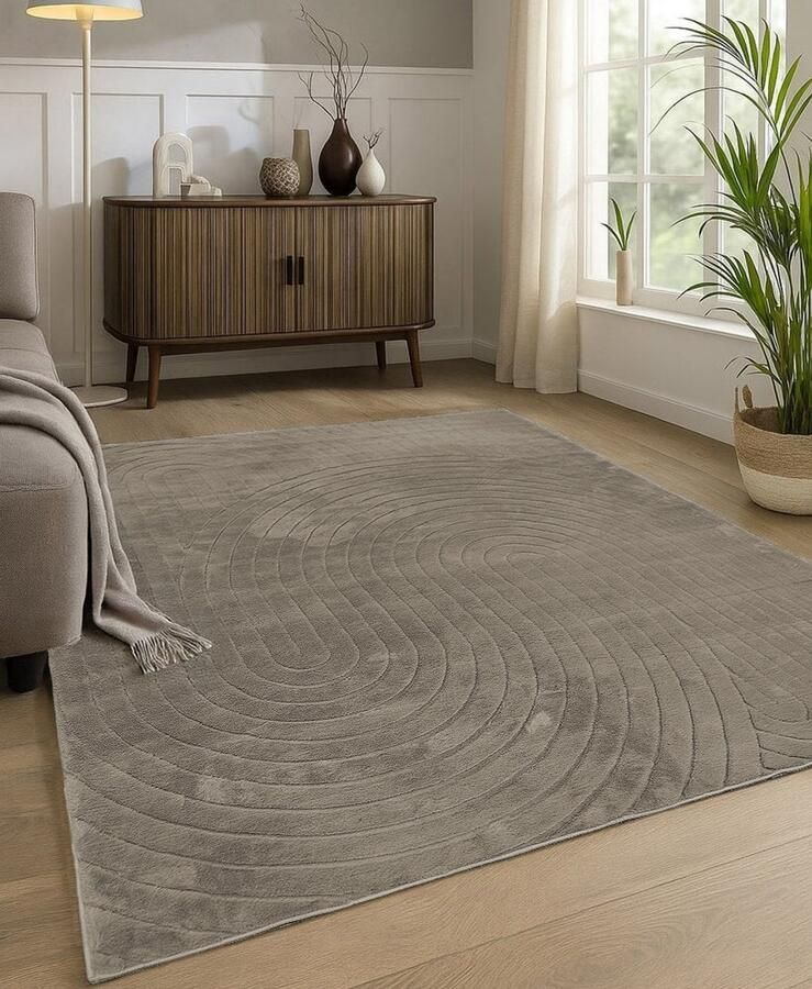 Flycarpets Japandi vloerkleed Mystic Grooves Taupe Laagpolig Tapijtloper 80x150 cm