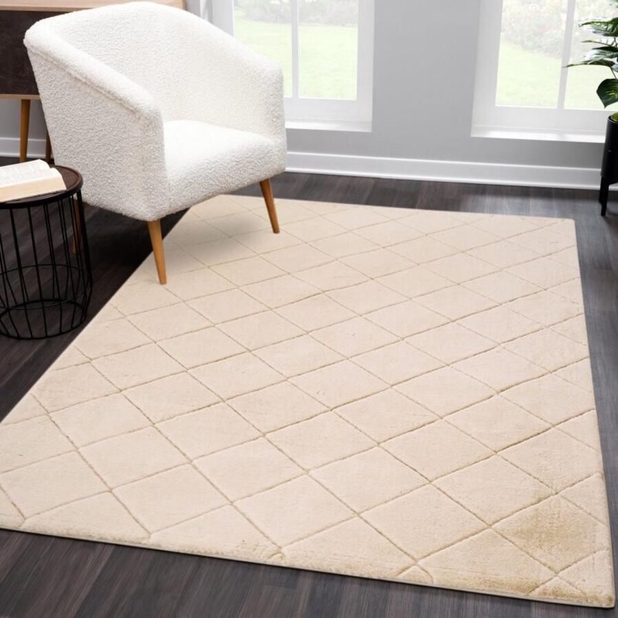 Flycarpets Juno Hoogpolig Geruit Vloerkleed Beige 80x150 cm