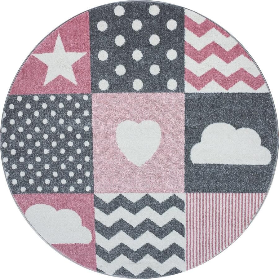 Flycarpets Kids Kinderkamer Hart En Ster Roze Vloerkleed Rond 160x160 cm