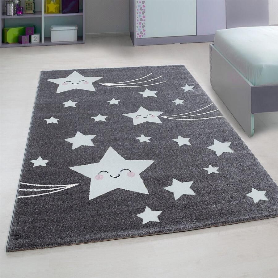 Flycarpets Kids Kinderkamer Sterren Grijs Vloerkleed 140x200 cm
