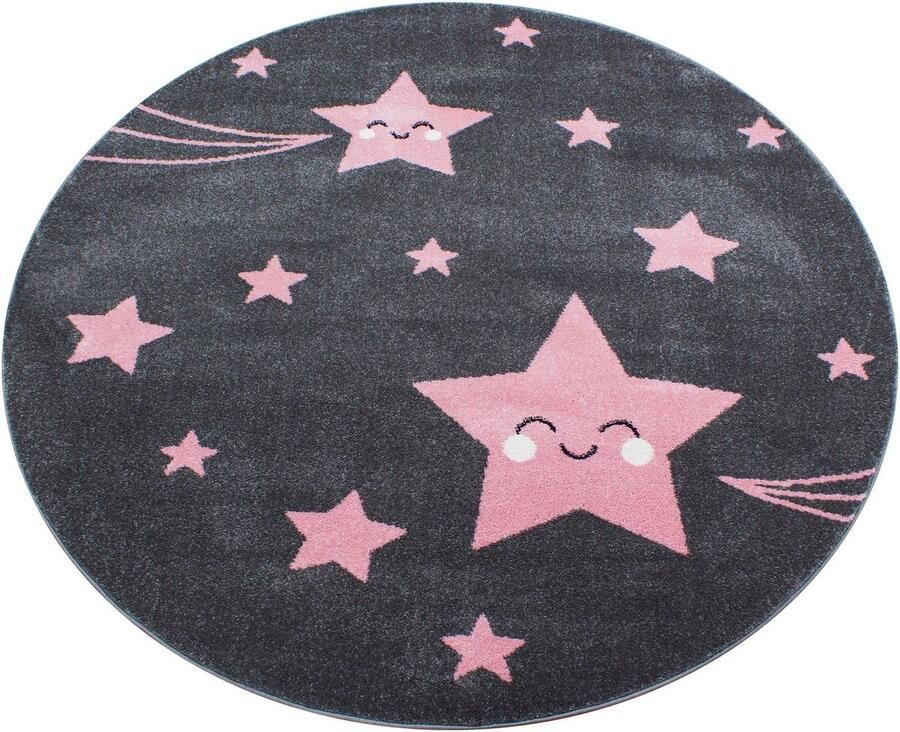 Flycarpets Kids Kinderkamer Sterren Roze Vloerkleed Rond 160x160 cm