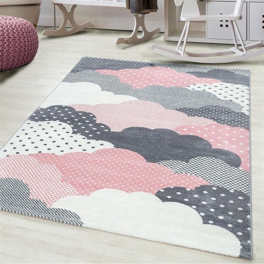 Flycarpets Kids Wolken Vloerkleed Kinderkamer Roze Grijs Kindervloerkleed Babykamer 80x150 cm