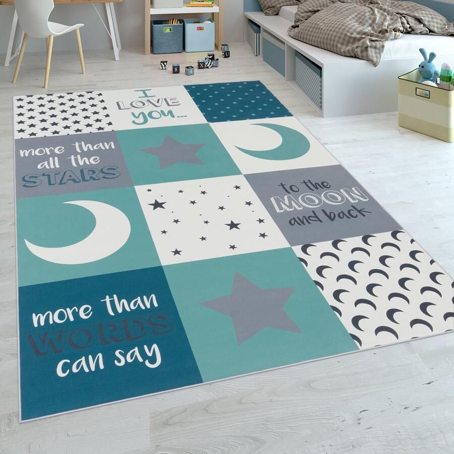 Flycarpets Kindervloerkleed Aleris Maan en ster Turquoise