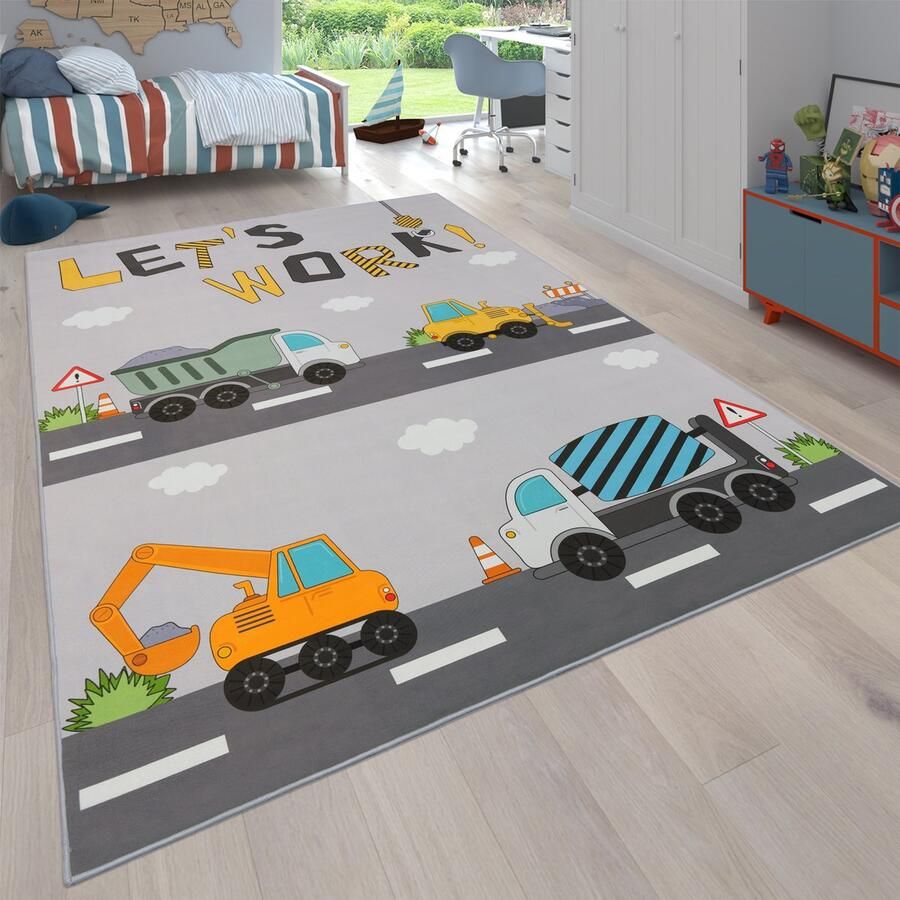Flycarpets Kindervloerkleed Binola Bulldozer- Grijs