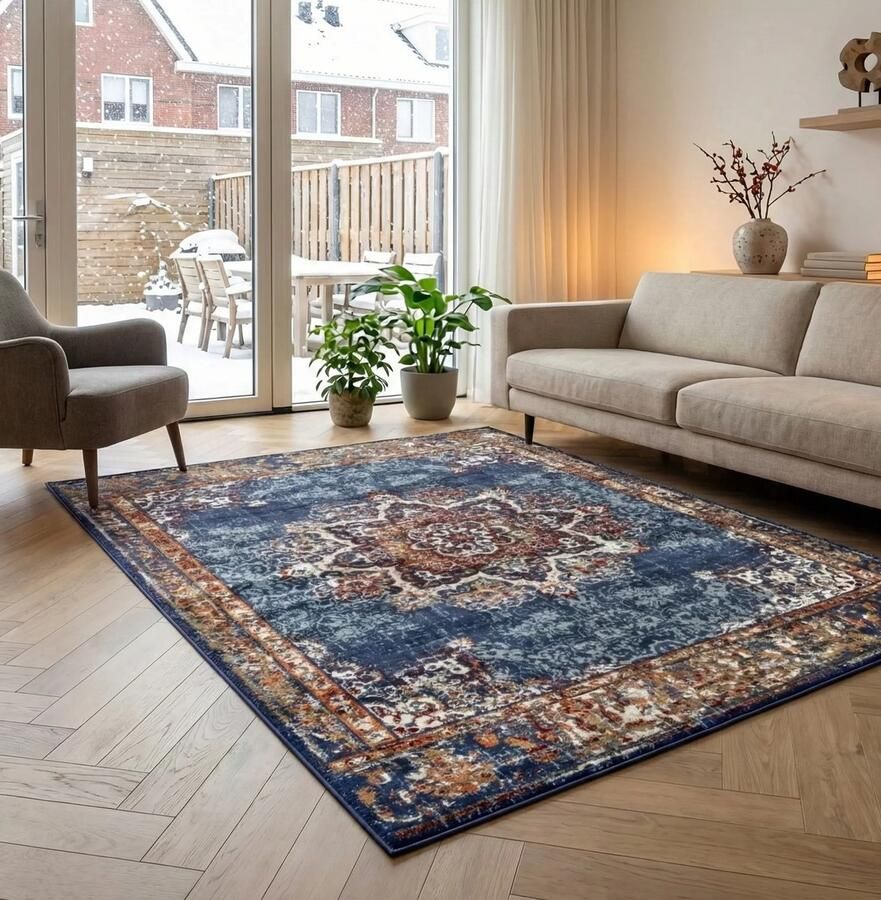 Flycarpets Klassiek Vintage Vloerkleed Maderno Blauw Multi 120x170 cm Perzisch Tapijt Laagpolig Woonkamer - Foto 2