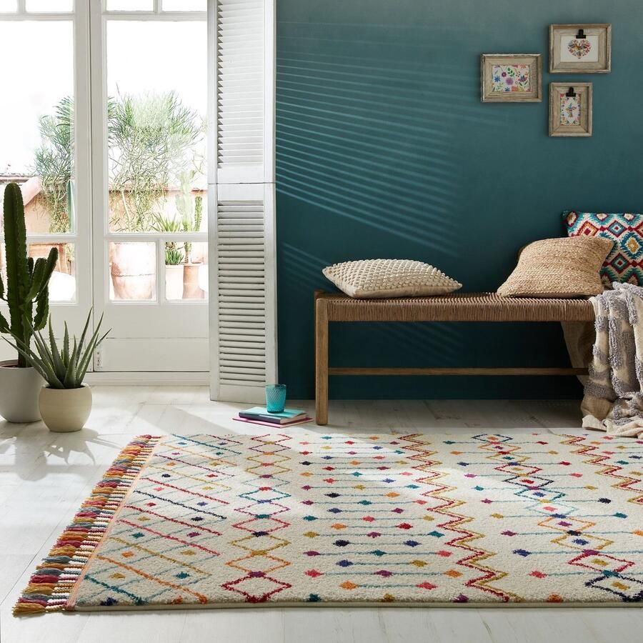 Flycarpets Kleurrijk Vloerkleed Prairie Laagpolig Franjes Creme 200x290 cm