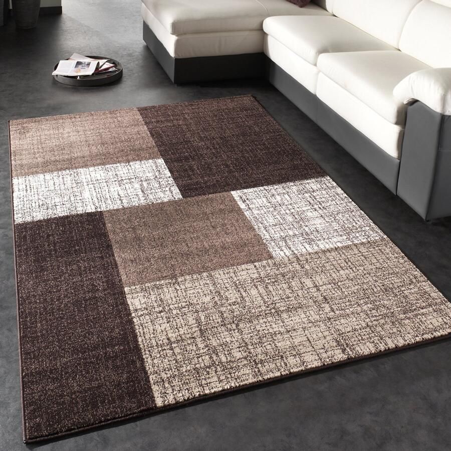 Flycarpets Laagpolig Modern Vloerkleed Modilia Geblokt Bruin