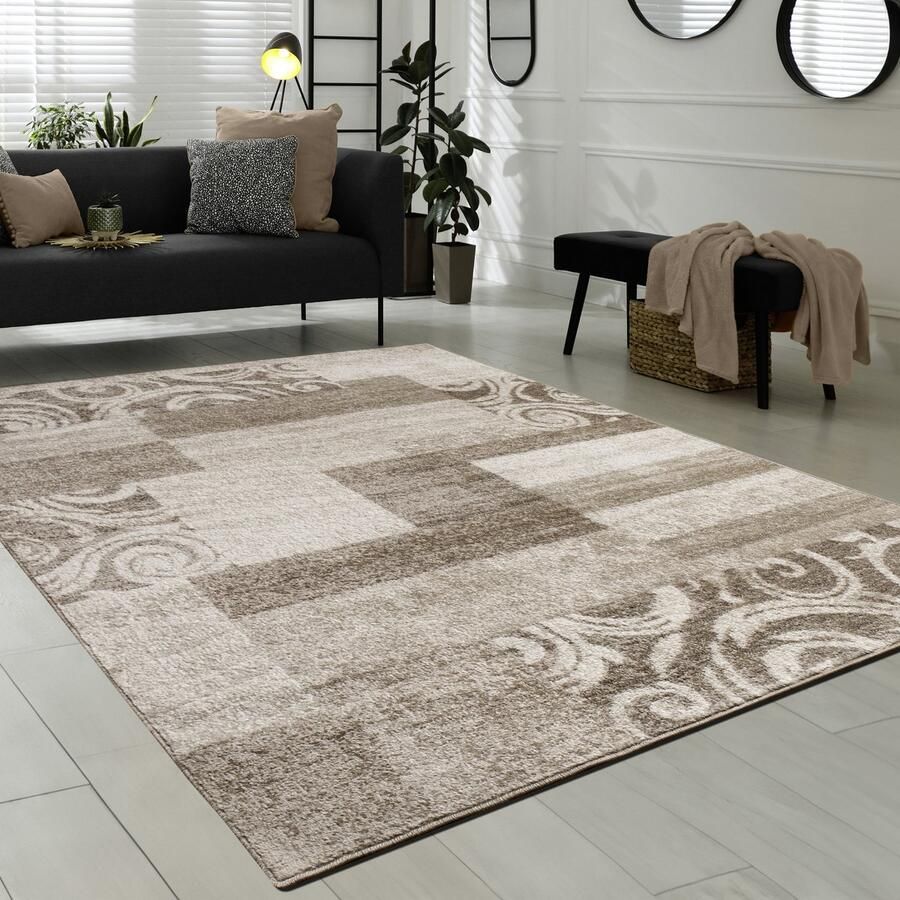 Flycarpets Laagpolig Modern Vloerkleed Sinovo Geblokt Bruin
