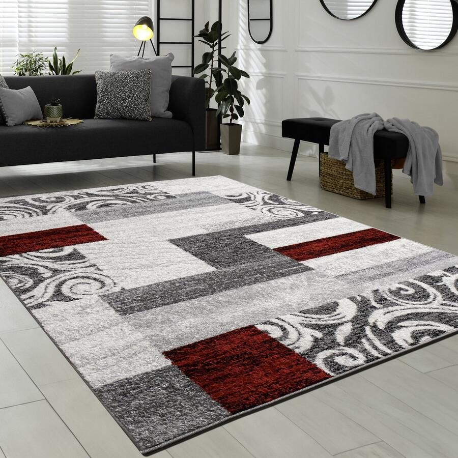 Flycarpets Laagpolig Modern Vloerkleed Sinovo Geblokt Rood