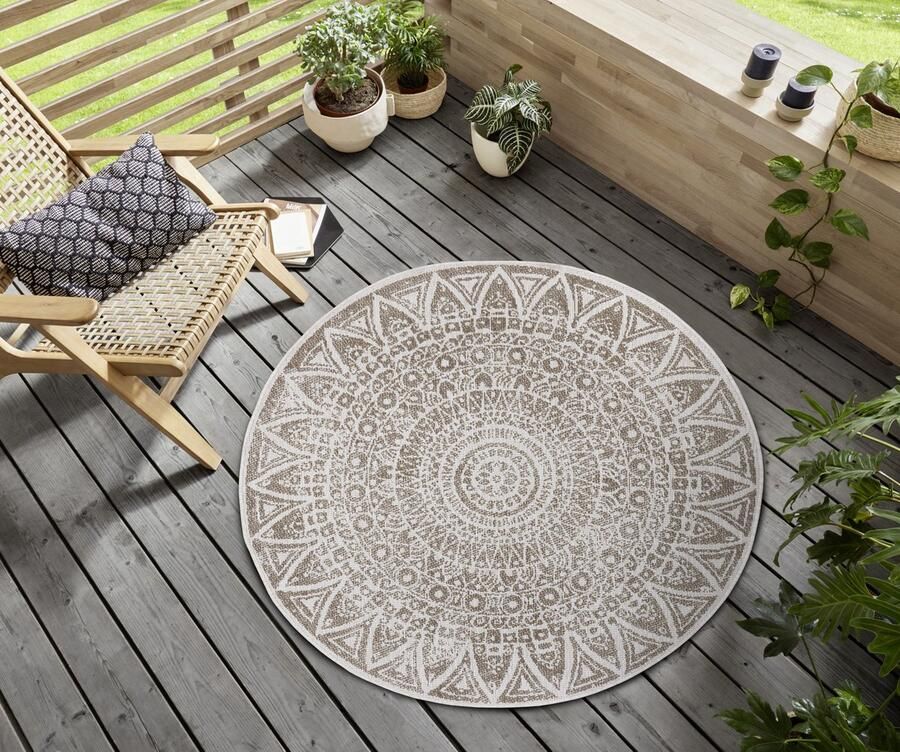 Flycarpets Laagpolig Rond Vloerkleed Omkeerbaar Binnen en Buitenkleed Beige Creme 200cm rond Ø