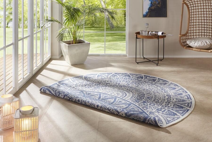 Flycarpets Laagpolig Rond Vloerkleed Omkeerbaar Binnen en Buitenkleed Blauw 240cm rond Ø
