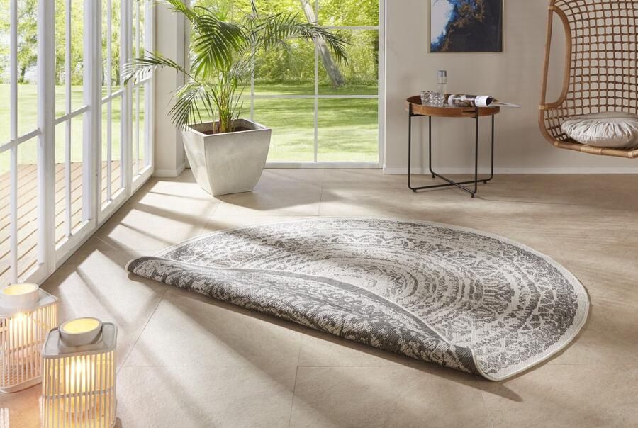 Flycarpets Laagpolig Rond Vloerkleed Omkeerbaar Binnen en Buitenkleed Grijs Creme 200cm rond Ø