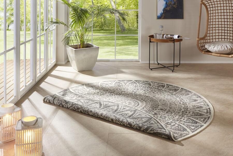 Flycarpets Laagpolig Rond Vloerkleed Omkeerbaar Binnen en Buitenkleed Grijs Creme 100cm rond Ø