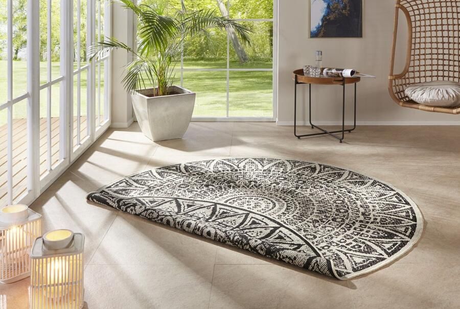 Flycarpets Laagpolig Rond Vloerkleed Omkeerbaar Binnen en Buitenkleed Zwart Creme 240cm rond Ø