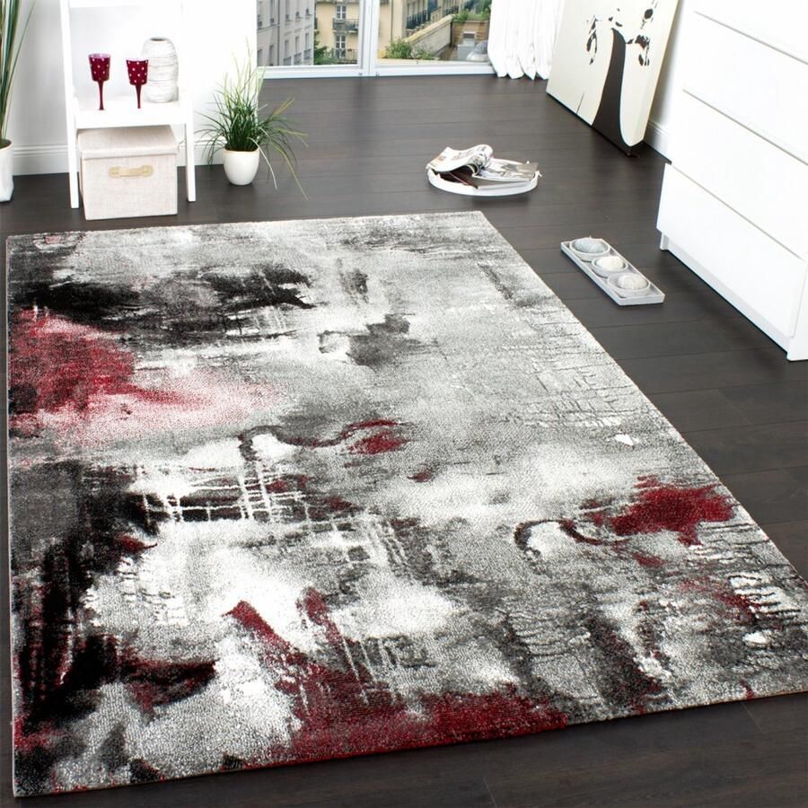 Paco Home Vloerkleed Modern Designervloerkleed Canvaslook Gemêleerd Gemarmerd Grijs Rood Crème 160x230 cm - Foto 4