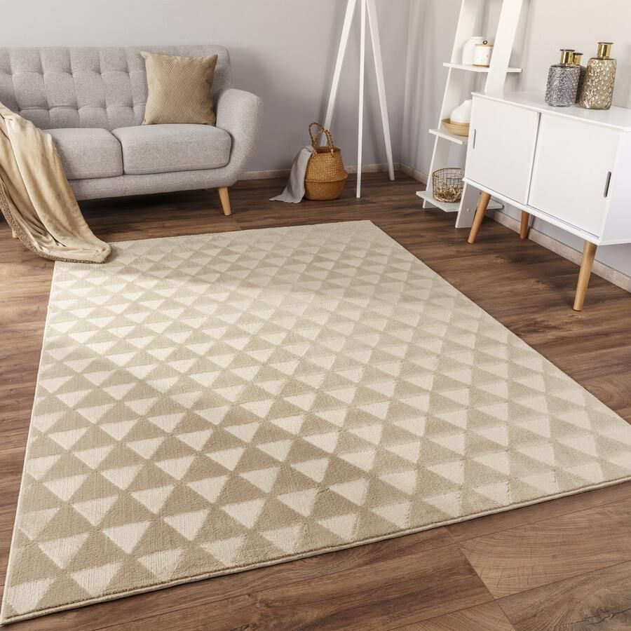 Flycarpets Laagpolig Vloerkleed Hanora Uni Geo Beige
