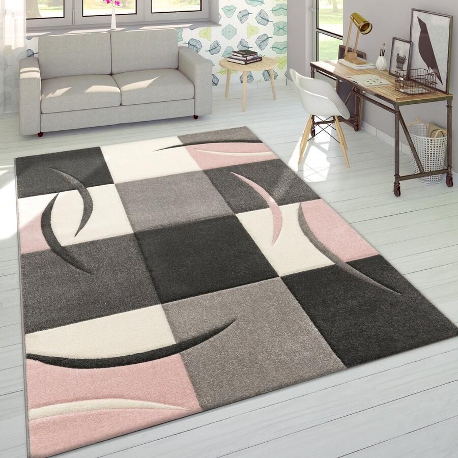Flycarpets Laagpolig Vloerkleed Lareva Geblokt Design Roze