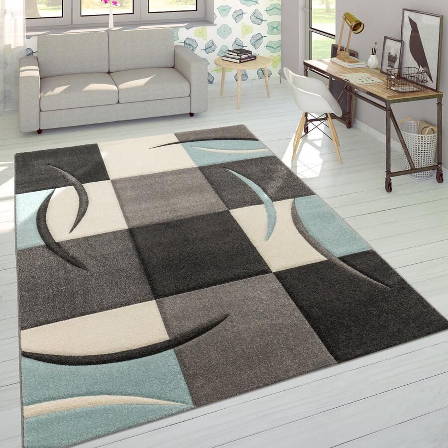 Flycarpets Laagpolig Vloerkleed Lareva Geblokt Design Turquoise