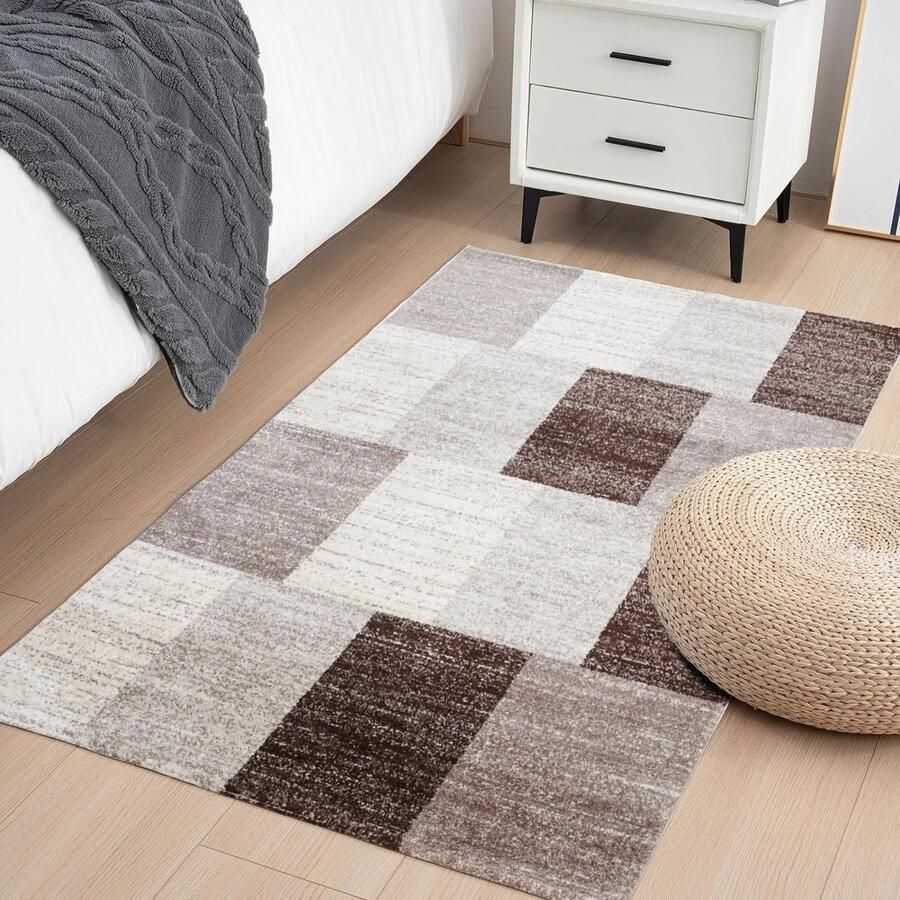 Flycarpets Lima Vloerkleed Bruin Beige Geblokt Patroon Laagpolig 80x150 cm