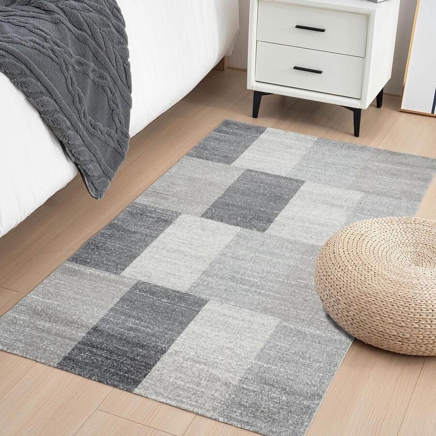 Flycarpets Lima Vloerkleed Grijs Taupe Beige Geblokt Patroon Laagpolig 80x150 cm