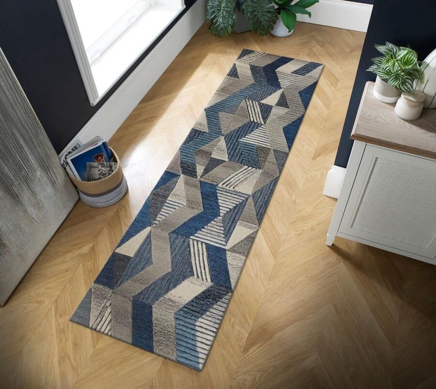 Flycarpets Loper Asher Modern Laagpolig 100% Wol Geo Vloerkleed Blauw 60x230 cm