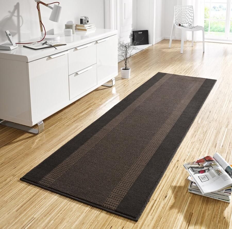 Flycarpets Loper Designer Velours Lijstmotief Kader Laagpolig Bruin 80x500 cm