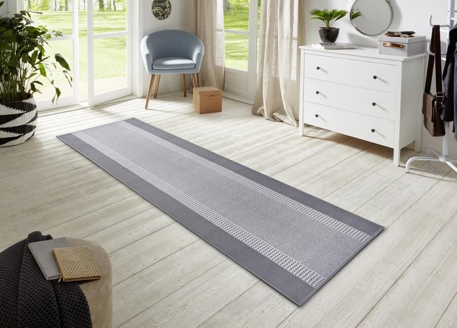 Flycarpets Loper Designer Velours Lijstmotief Kader Laagpolig Lichtgrijs 80x200 cm