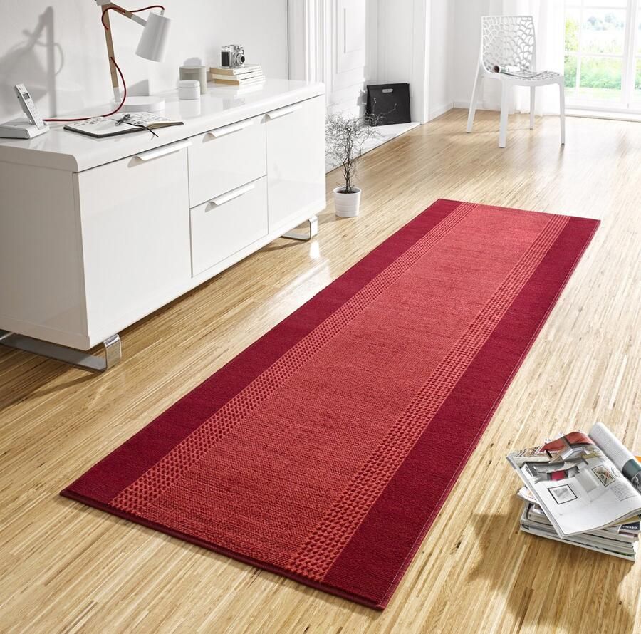 Flycarpets Loper Designer Velours Lijstmotief Kader Laagpolig Rood 80x250 cm