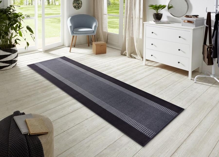 Flycarpets Loper Designer Velours Lijstmotief Kader Laagpolig Zwart 80x400 cm