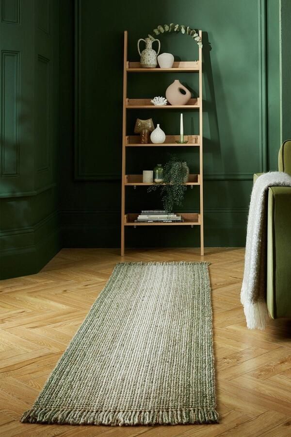 Flycarpets Loper Jute Ombre Modern Laagpolig Wol Mix Handgeweven Vloerkleed Groen 60x230 cm