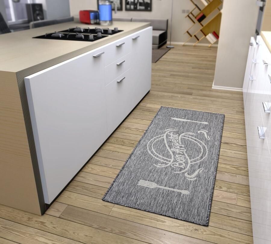 Flycarpets Loper Keuken Bon Appetit Grijs Creme 92x150 cm