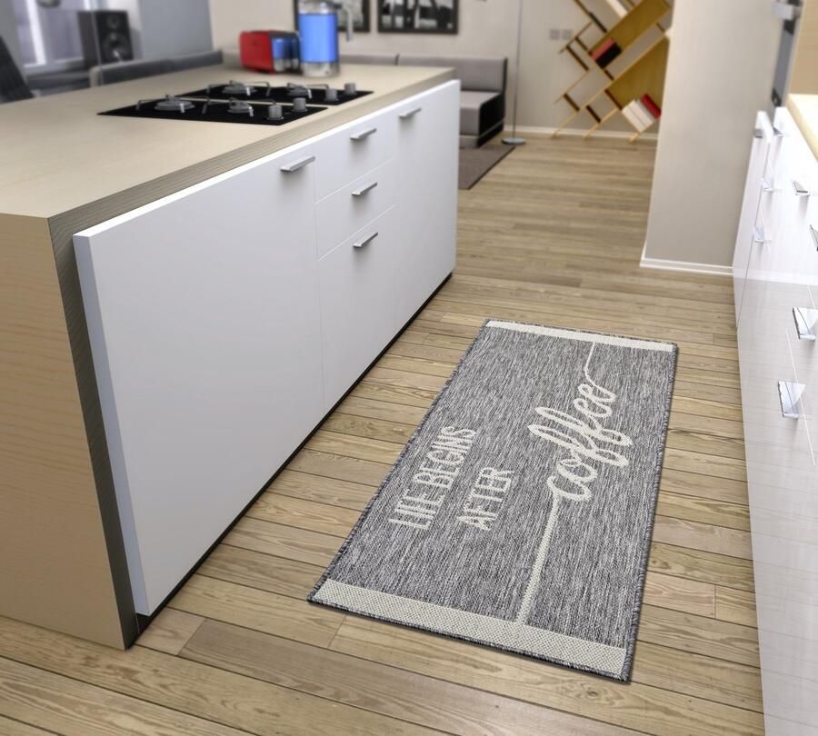 Flycarpets Loper Keuken Life Begins After Coffee Grijs Creme 62x150 cm