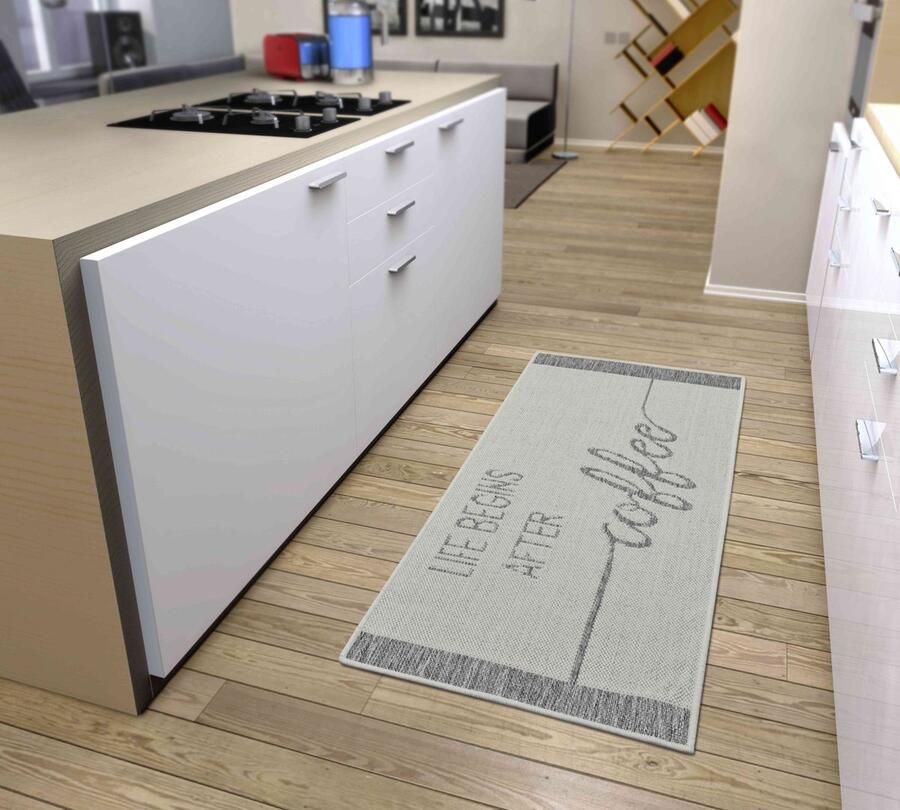Flycarpets Loper Keuken Loper Keuken Life Begins After Coffee Creme Grijs 92x150 cm