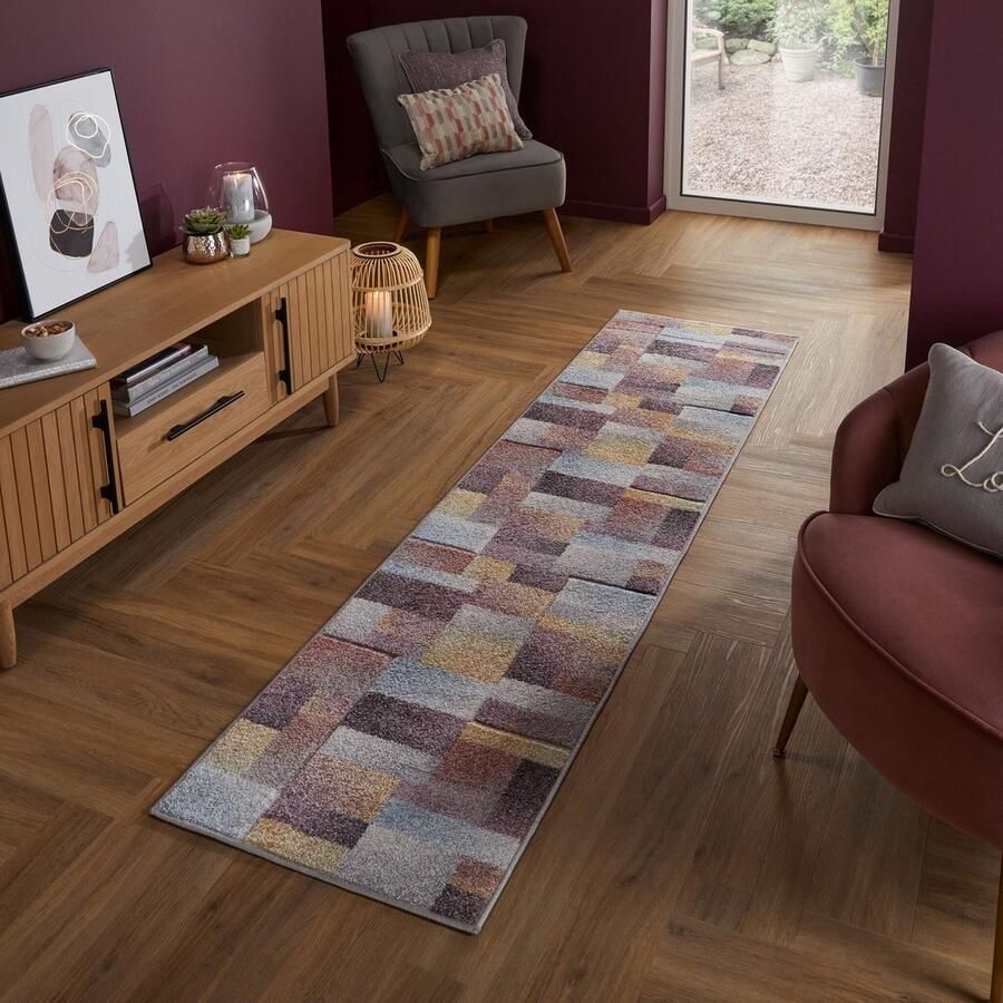 Flycarpets Loper Kleurrijk Vloerkleed Lilia Laagpolig Geblokt Multi 60x230 cm