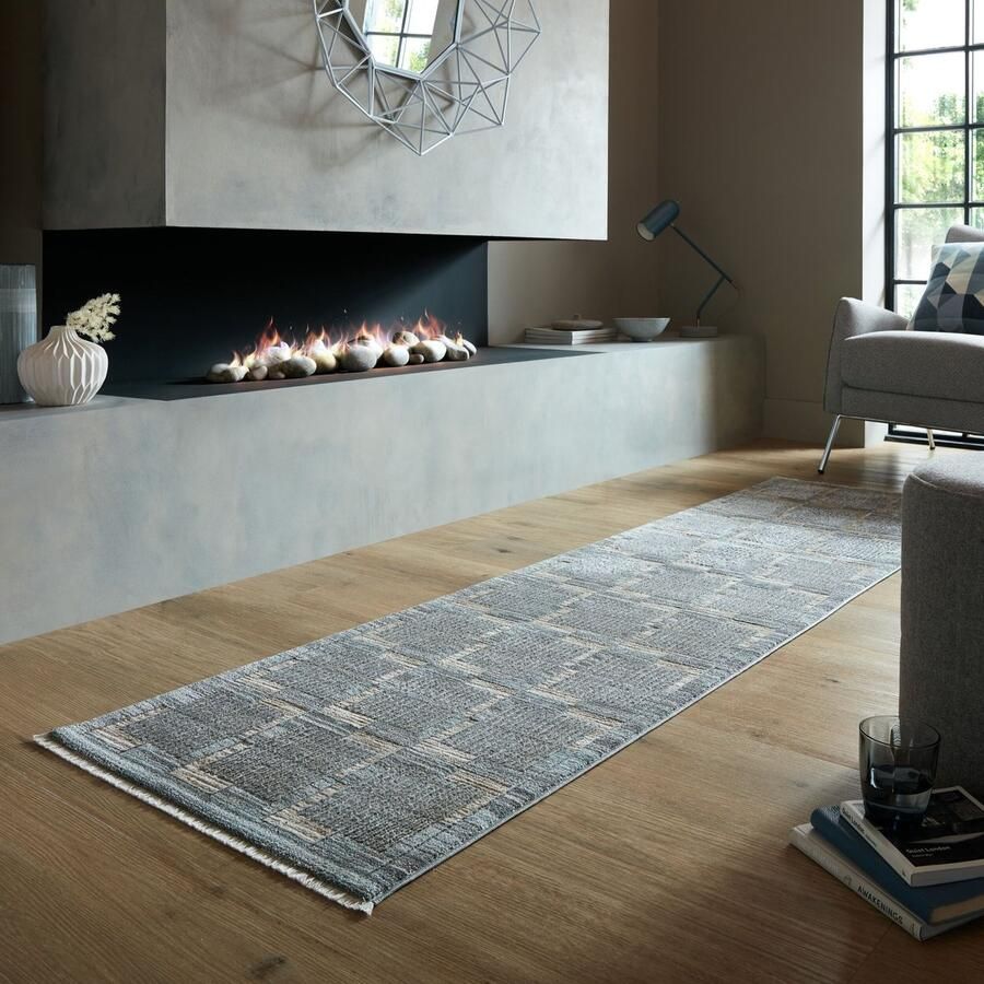 Flycarpets Loper Laagpolig Modern vloerkleed Evelyn Geblokt Grijs Beige Blauw 66 x 300 cm