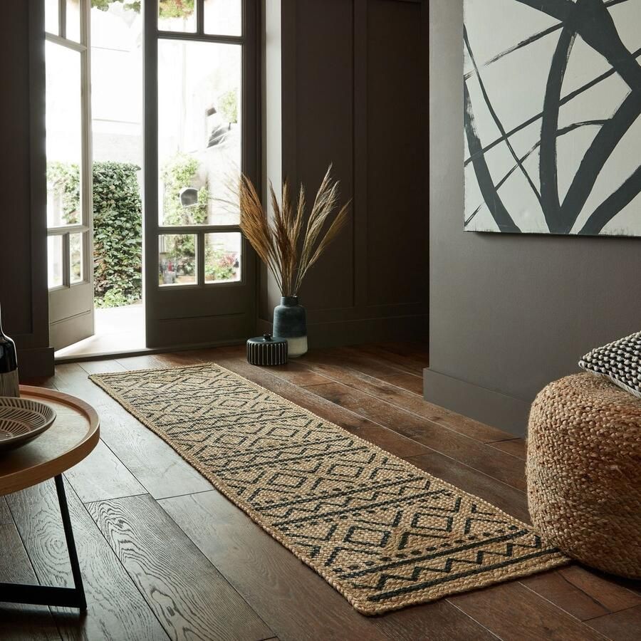 Flycarpets Loper Luis Modern Laagpolig Jute Kader Vloerkleed Naturel Beige Zwart 60x230 cm
