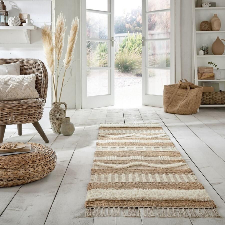 Flycarpets Loper Medina Modern Jute Laagpolig Vloerkleed Naturel Creme 60x230 cm