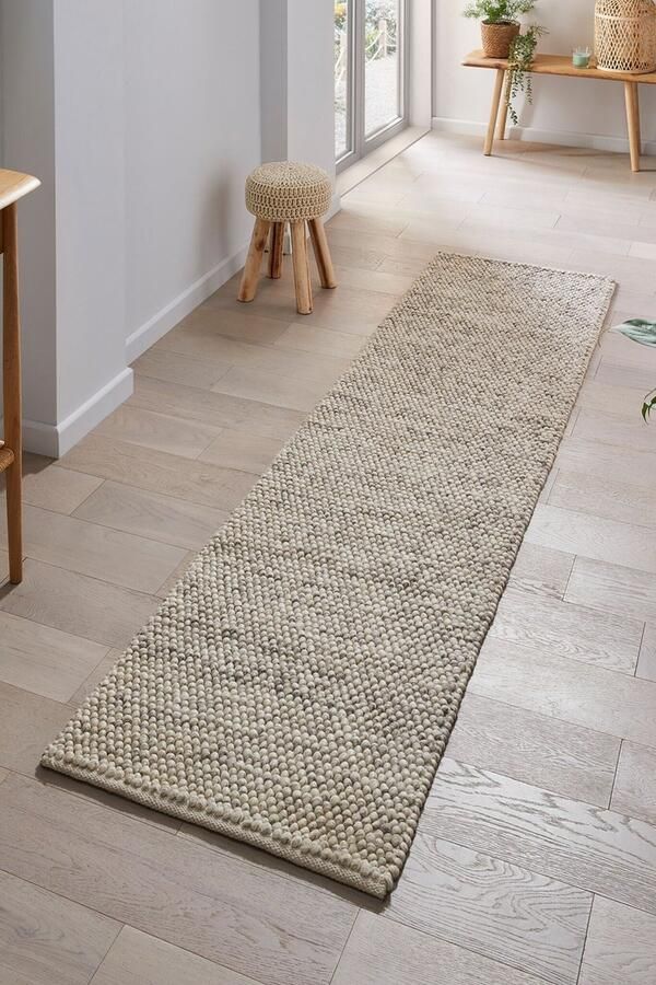 Flycarpets Loper Minerals Uni Modern Laagpolig Wol Bolletjes Vloerkleed Naturel Beige 60x230 cm